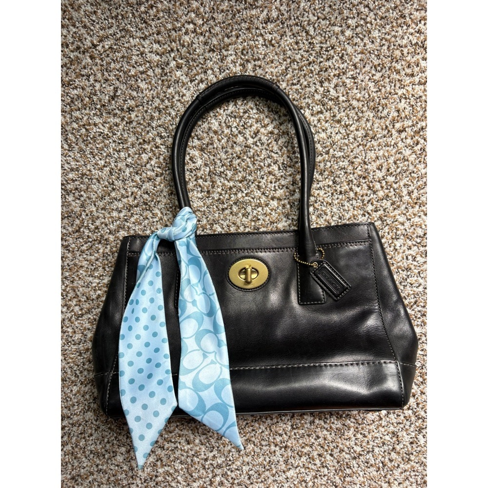 Coach Madeline Shoulder Leather Tote Bag Medium Black Turnlock Blue Scarf 11555
